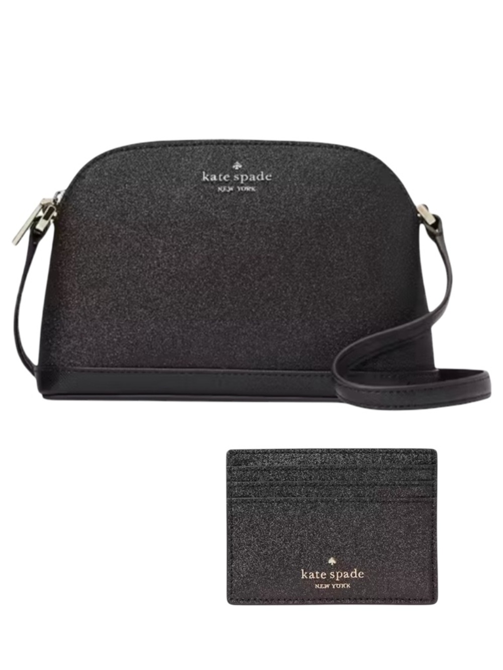 Kate Spade New Set - Black Glitter Tinsel Small Dome Crossbody Bag & Cardholder